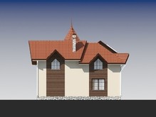 Двухэтажный дом с красивой крышей и угловым входом