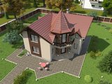 Двухэтажный дом с красивой крышей и угловым входом