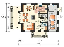 Проект для строительства мансардного коттеджа 170 m² с пристроенным гаражом