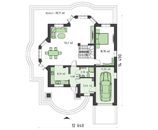 Проект просторного коттеджа с круглыми балконами и гаражом