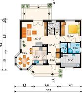 Проект коттеджа с мансардой с оригинальным угловым эркером