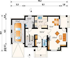 Небольшой загородный коттедж с террасой и гаражом