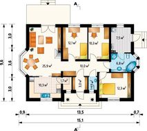 Симпатичный проект одноэтажного домика с эркером