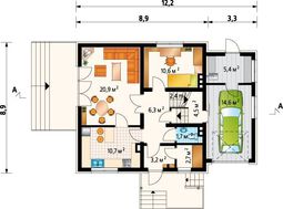 Компактный проект коттеджа с мансардой площадью 140 m² с гаражом